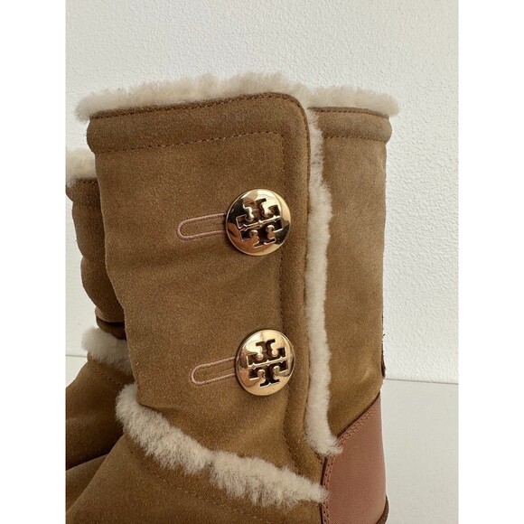 Tory Burch Shearling Leather Mid Calf Boots Gold Detail Fur Lined Women's 6.5 - Picture 4 of 13